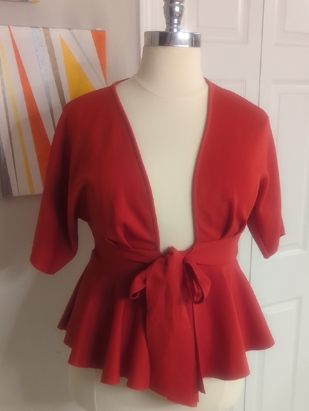 XL Women's Red Tie-Front Peplum Blouse
